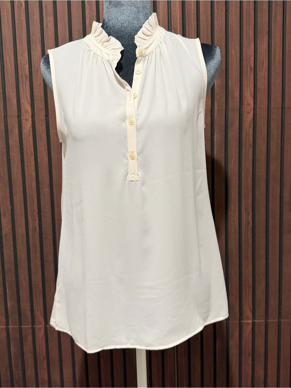 LOFT Mixed Media Ruffle Neck Sleeveless Top Ivory XS NWOT